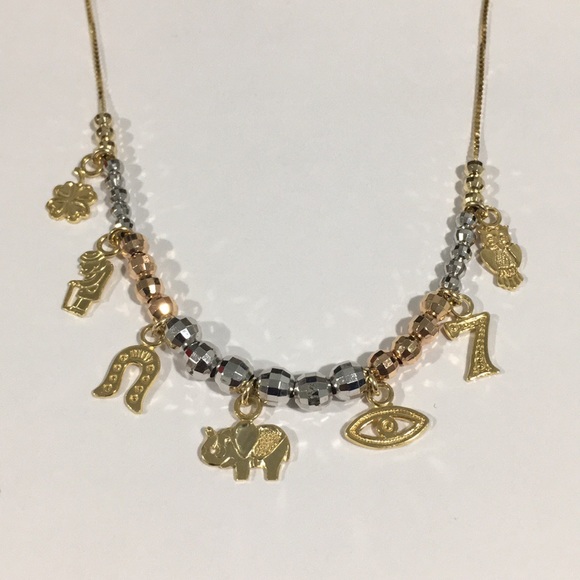 14k Tri Color Gold Beads Necklace W/Charms Chain
